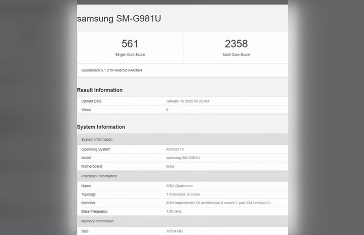 Samsung Galaxy S20 засветился в бенчмарке Geekbench